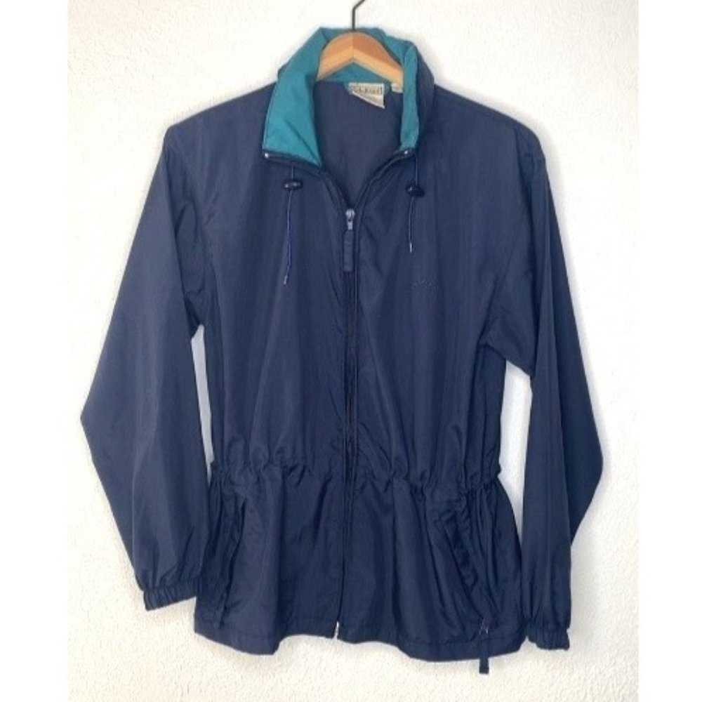 LL Bean Vintage Navy Green Windbreaker Jacket Hooded Full Zip Logo Size Small